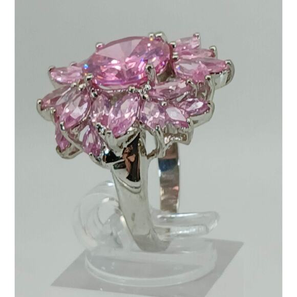 Vintage Ring Size 7 Silver Tone White Gold GP Pink CZ Diamond Cocktail - Picture 4 of 10